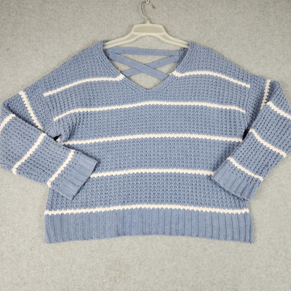 Moral Fiber Sweater Womens 2X Blue Striped Chenille V-Neck Strappy Back Pullover